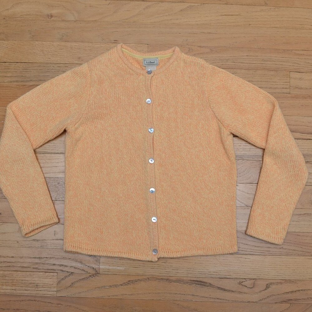 LL Bean Cardigan Marled Yellow Cotton Shell Buttons Womens XS-Reg Vintage